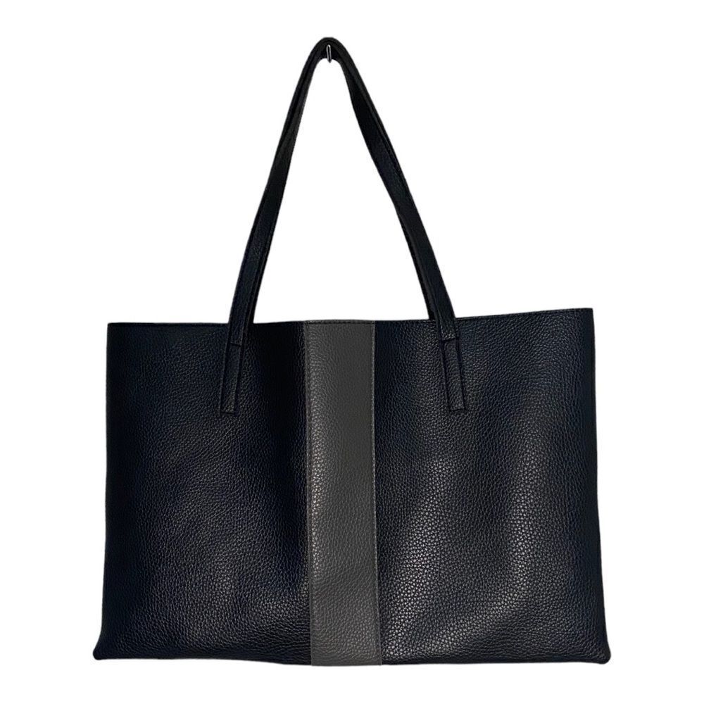 Vince Camuto Faux Leather Pebbled Black Tote with Gray Stripe